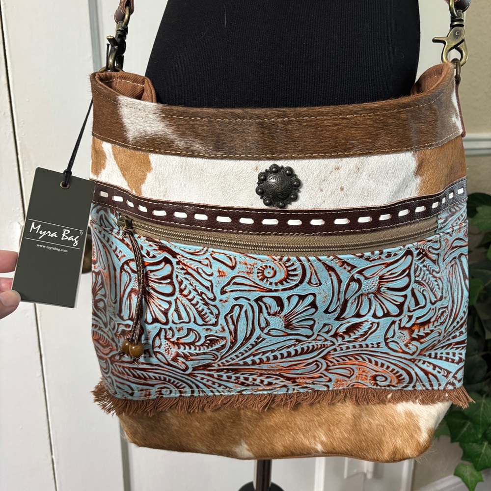 Myra Peridot Crossbody/Shoulder Hairon Leather Canvas Bag - Picture 10 of 16